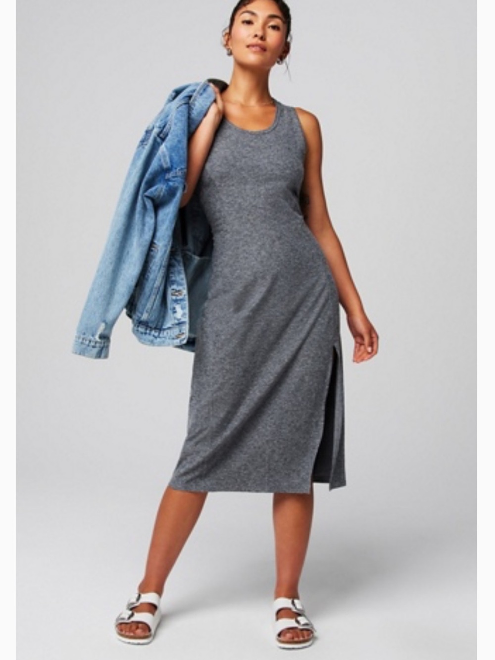 Fabletics Heather Gray Sleeveless Midi Dress with Side Slit